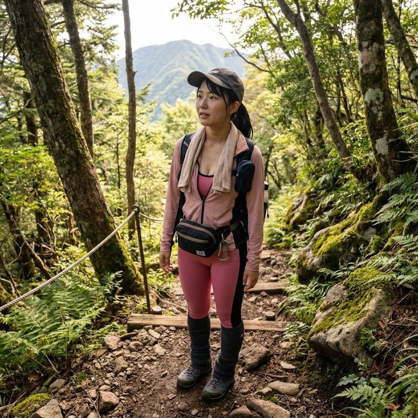 A young woman in sportswear and a cap is hiking on a rocky trail in a lush green forest.