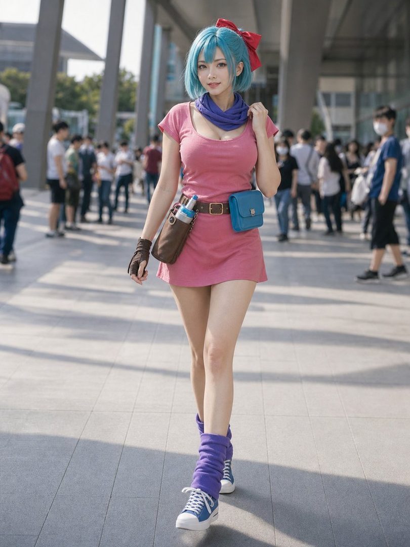 A woman cosplaying as Bulma from Dragon Ball, wearing a pink dress and blue hair, walks on a city street.