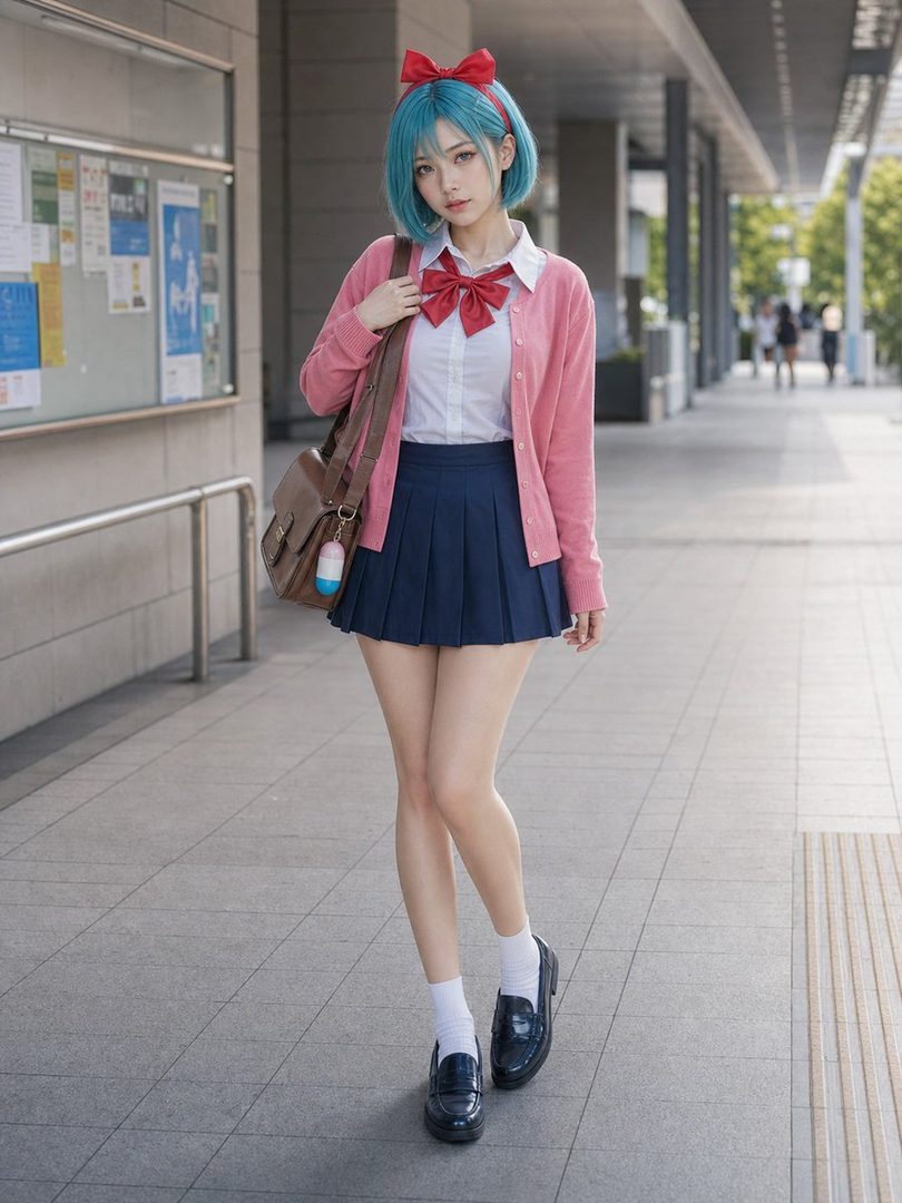 A woman cosplaying as Bulma from Dragon Ball, wearing a school uniform with a pink cardigan and blue hair, stands on a city street.