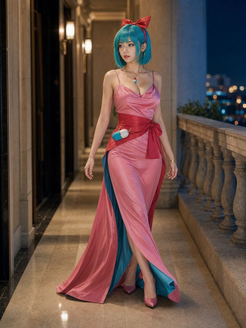 A woman cosplaying as Bulma from Dragon Ball, wearing a long pink and blue dress with a red bow in her blue hair, standing on a balcony at night.