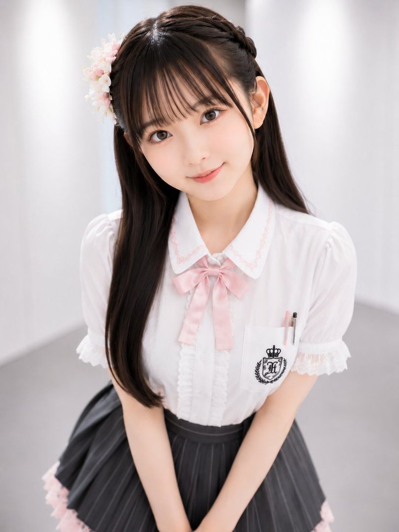 A cute girl with long black hair and bangs, wearing a white blouse with a pink bow and a grey pleated skirt, smiles gently at the camera.