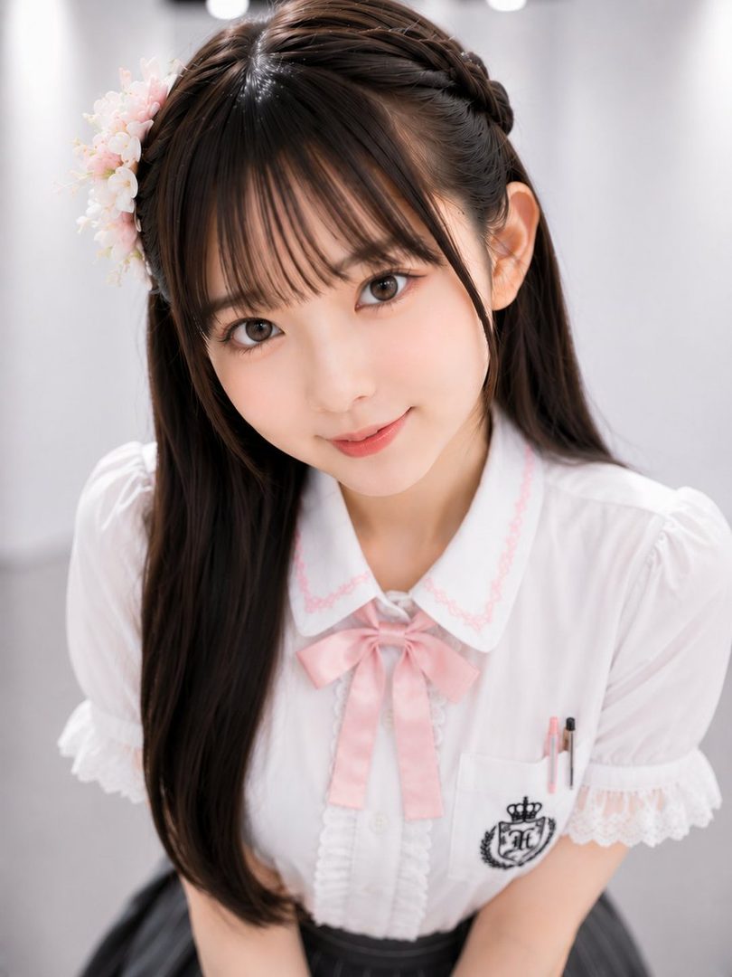 A cute girl with long black hair and bangs, wearing a white blouse with a pink bow and a dark skirt, adorned with pink flowers in her hair.