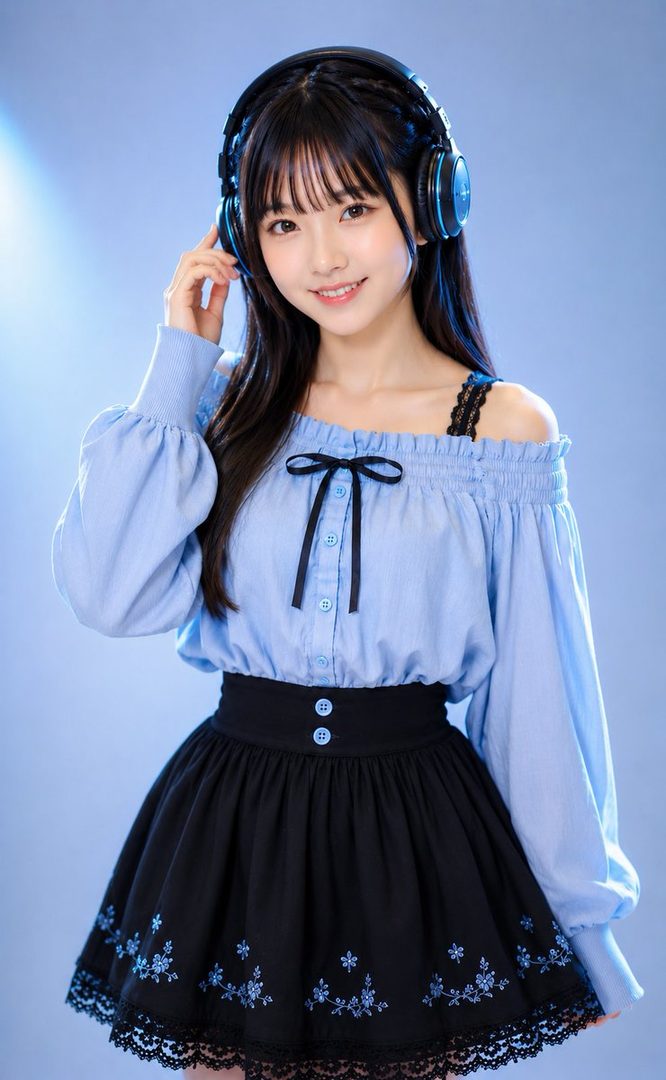 A cute girl with long black hair and bangs wears a light blue off-shoulder blouse and a black mini skirt with headphones in a studio setting.