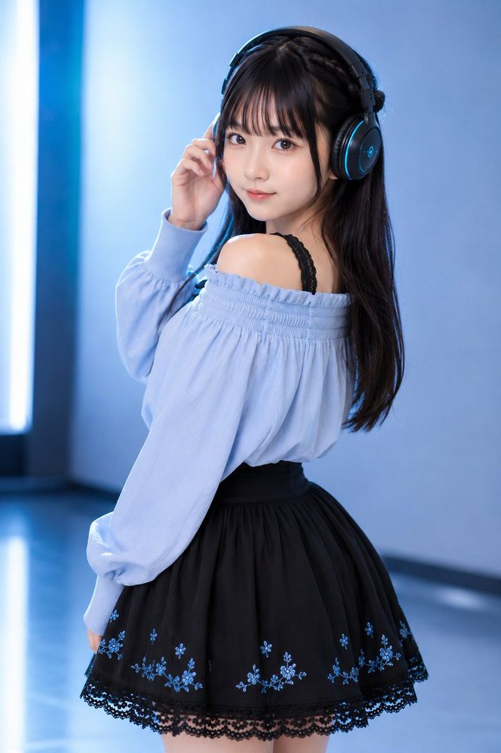 A young woman with long black hair and bangs wears a light blue off-shoulder top and a black mini skirt with blue floral embroidery, posing indoors with headphones.