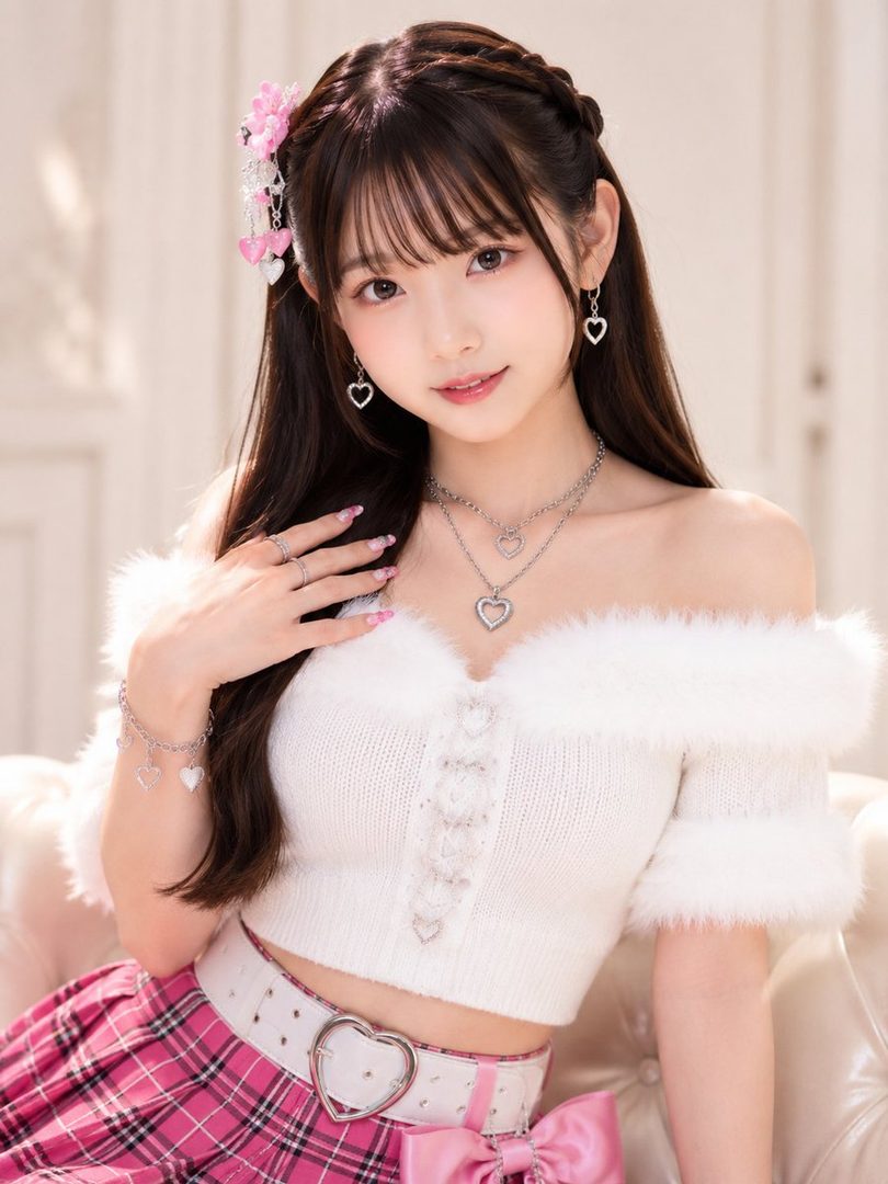A young woman with long brown hair and bangs, wearing a white off-shoulder top and a pink plaid skirt, poses indoors.