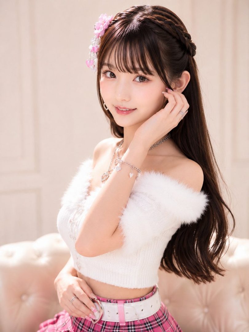 A cute young woman with long brown hair and bangs, wearing a white fluffy off-shoulder top and a pink plaid skirt, poses indoors.