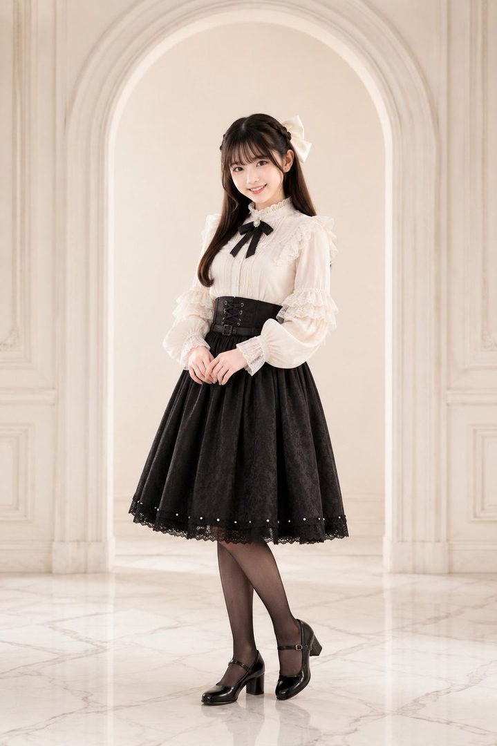 A young woman with long black hair and bangs, wearing a white ruffled blouse, a black corset, and a black skirt, stands in a bright indoor setting with arched doorways.