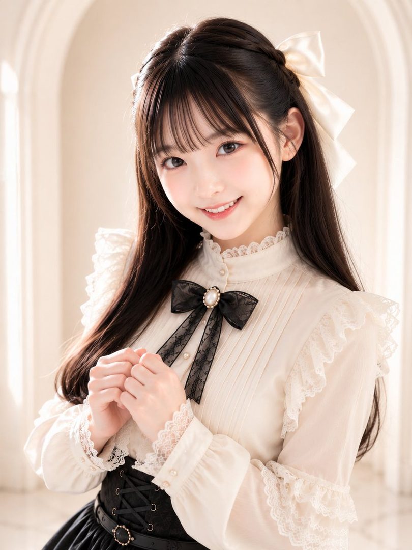 A cute young woman with long black hair and bangs, wearing a white ruffled blouse with a black bow, smiles gently indoors.