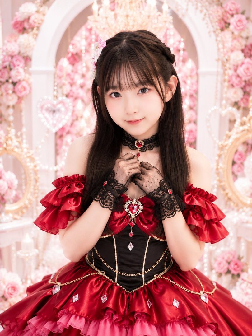 A young girl with long black hair and bangs wears a red and black gothic lolita-style dress with lace gloves and a heart-shaped choker, posing in a pink floral setting.