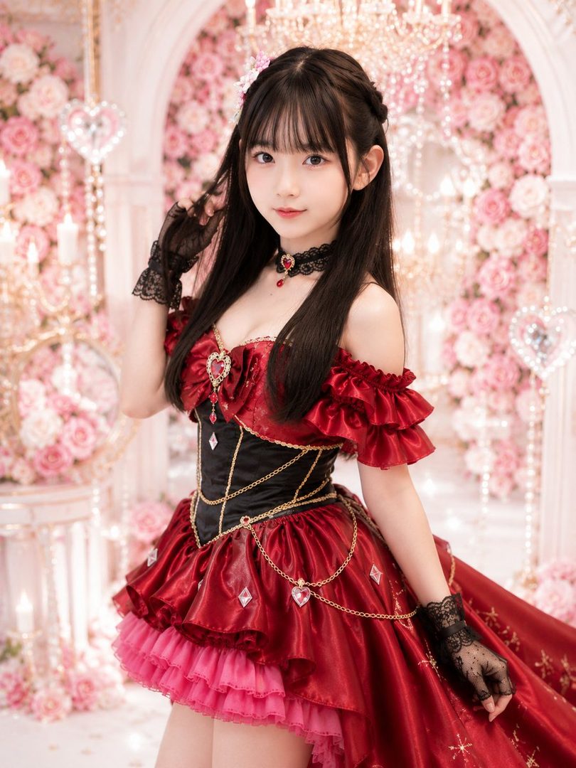 A young woman in a red and black gothic lolita dress with lace gloves poses in a pink floral setting.