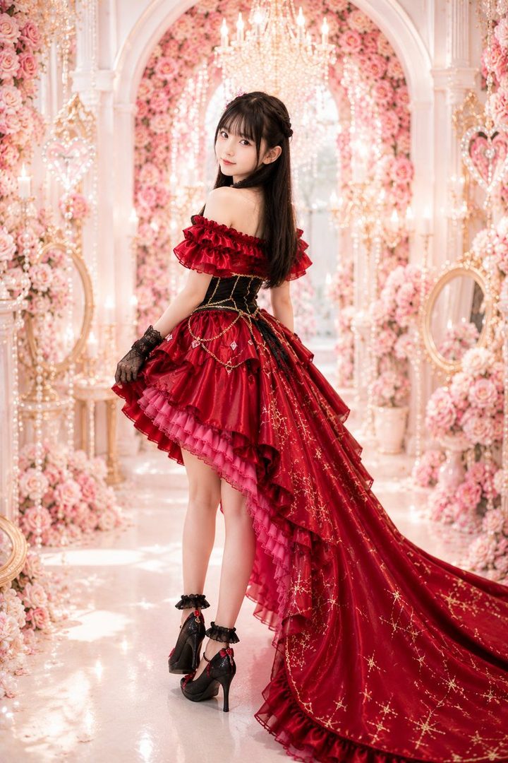A young woman in a dramatic red and black off-shoulder dress with a long train stands in a lavish, rose-filled indoor setting.