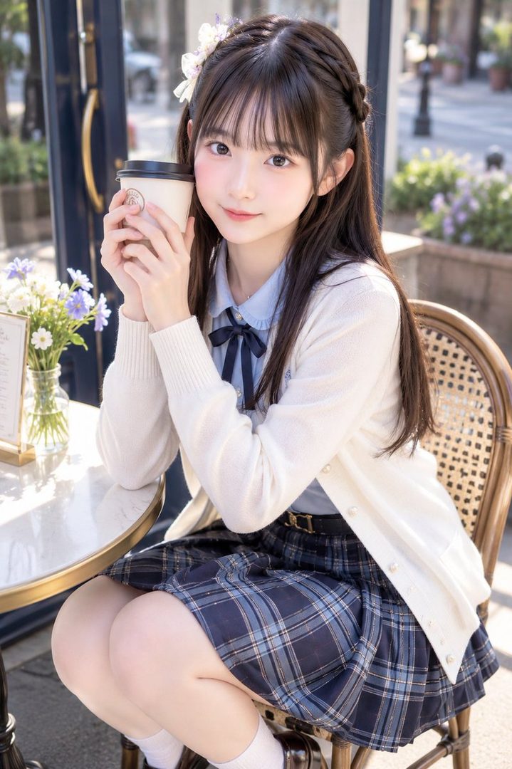 A cute young woman with long brown hair and bangs, wearing a white cardigan and plaid skirt, sips coffee at an outdoor cafe.
