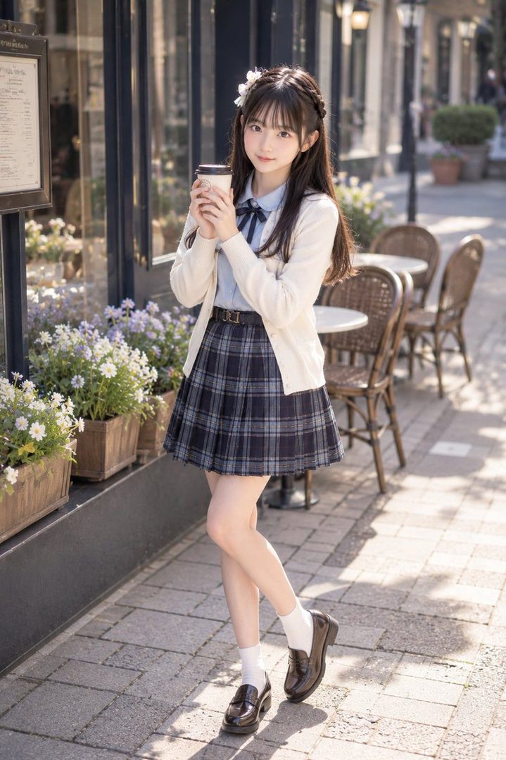 A young girl with long black hair, wearing a plaid skirt and a white cardigan, holds a coffee cup on a sunny street.