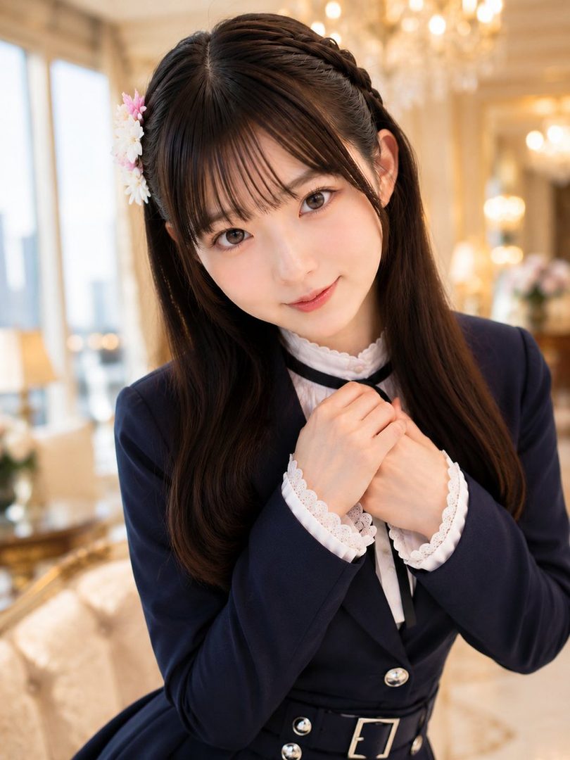 A young woman with long brown hair and bangs, wearing a dark suit with a white ruffled blouse, poses indoors.