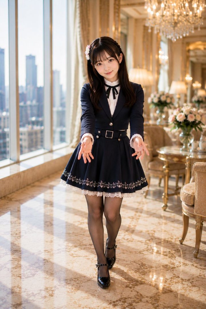 A cute girl with black twintails and bangs, wearing a dark blue suit jacket and matching skirt with white lace trim, stands in a luxurious indoor setting with large windows overlooking a city.