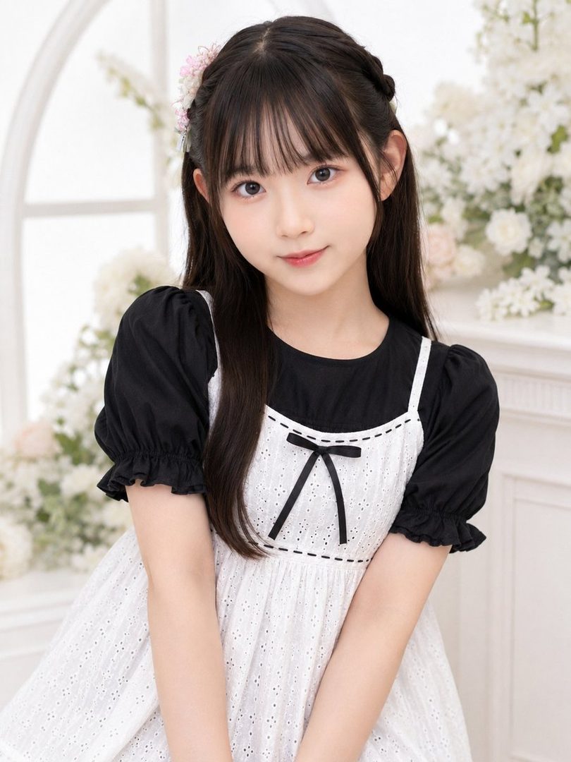 A young girl with long black hair and bangs wears a black and white dress, looking directly at the camera in an indoor setting with white floral decorations.