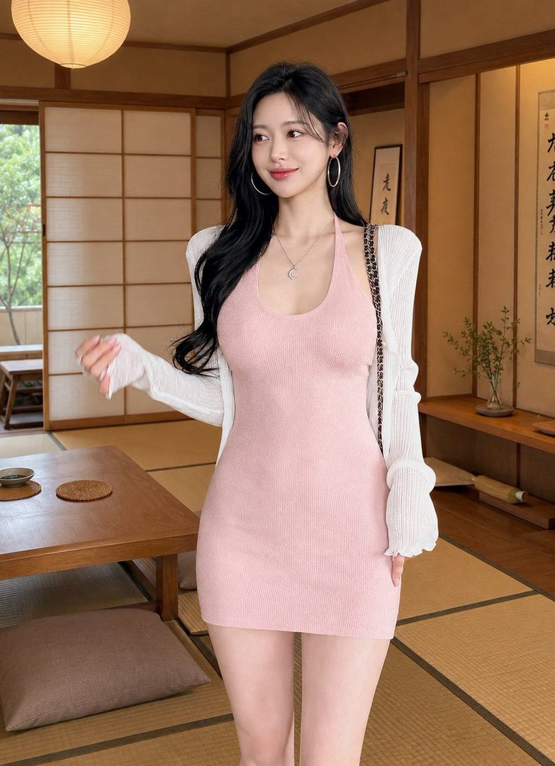 A beautiful woman with long black hair wearing a pink dress and white cardigan poses in a traditional Japanese-style room.