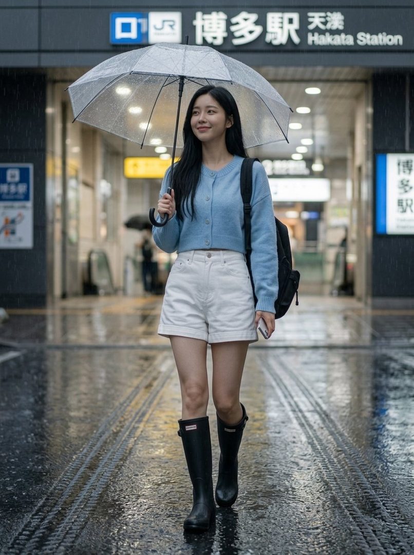 A young woman with long black hair, wearing a light blue cardigan, white shorts, and black rain boots, walks under a clear umbrella on a rainy street in front of Hakata Station.