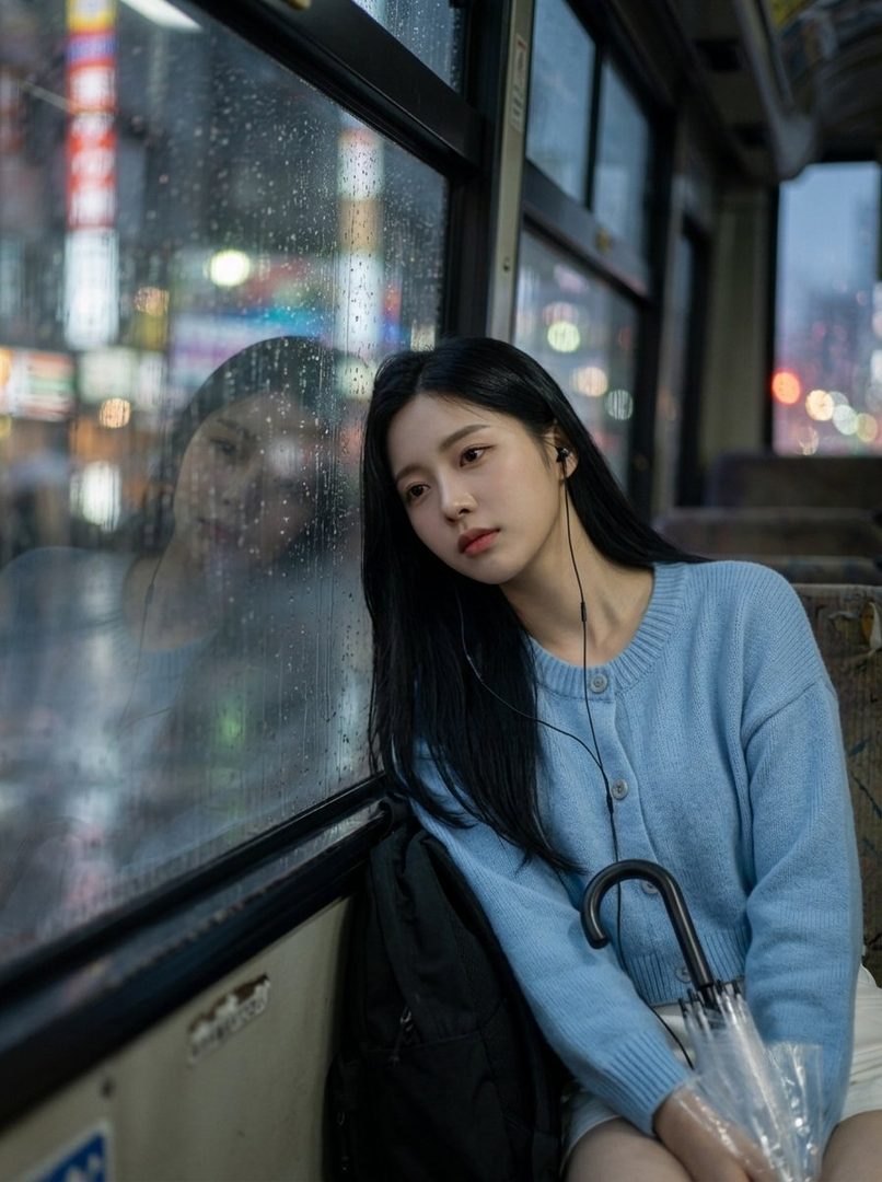 A young woman with long black hair and a light blue cardigan sits on a bus, looking out a rainy window at night.