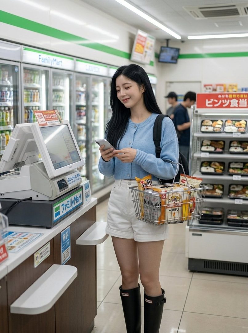 A young woman with long black hair, wearing a light blue cardigan and white shorts, stands in a convenience store holding a shopping basket and looking at her phone.