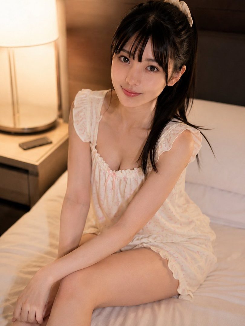 A young woman with black hair and bangs, wearing a light-colored nightgown, sits on a bed in a softly lit room.