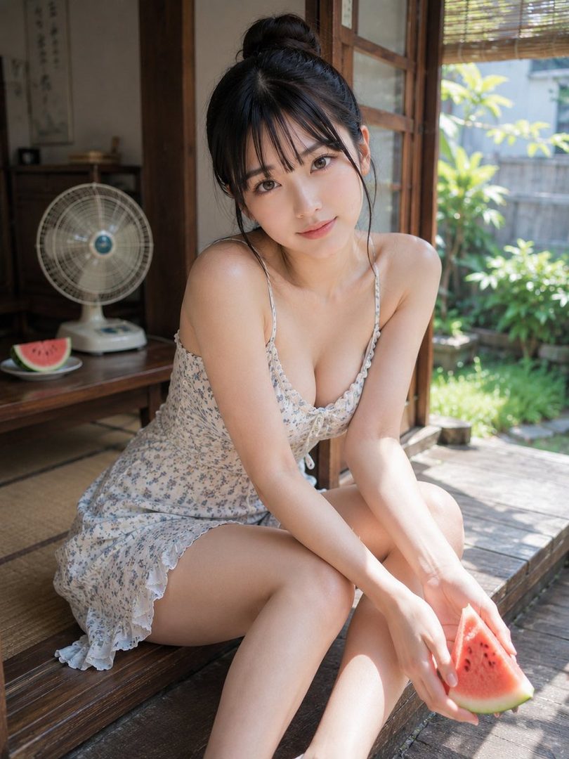 A young woman with black hair and bangs, wearing a floral dress, sits indoors holding a slice of watermelon.