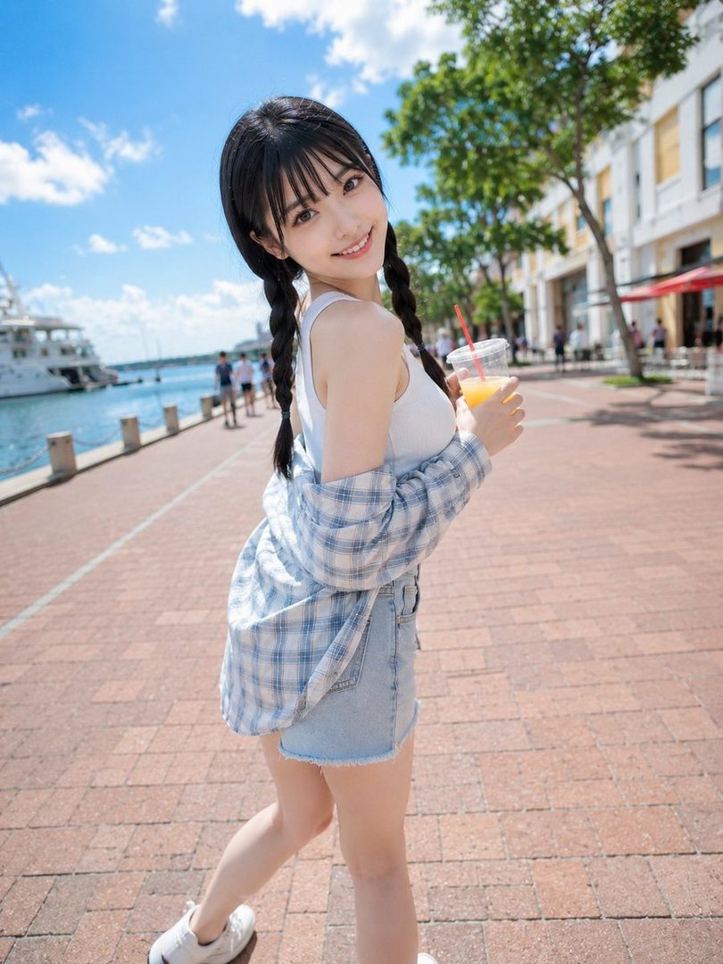 A smiling young woman with black twintails and a plaid shirt over a white tank top walks along a waterfront promenade on a sunny day, holding a drink.
