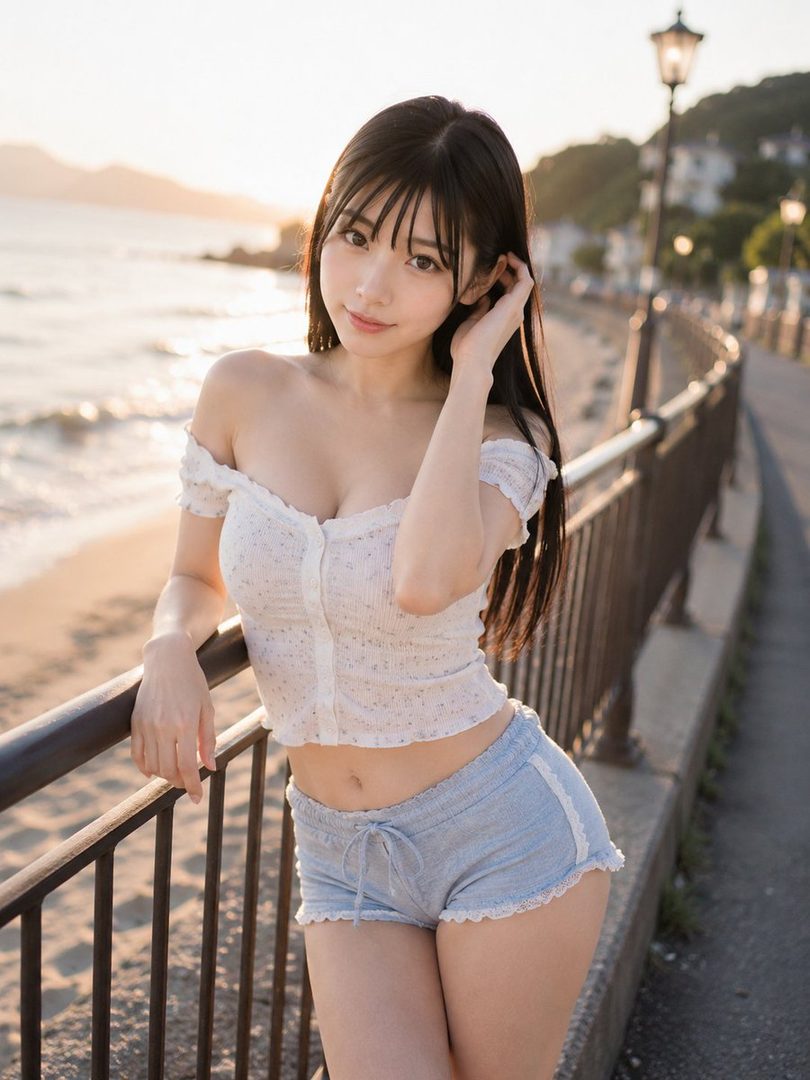 A beautiful AI-generated woman with long black hair and bangs, wearing a white off-shoulder top and light blue shorts, poses by a beachside railing during golden hour.