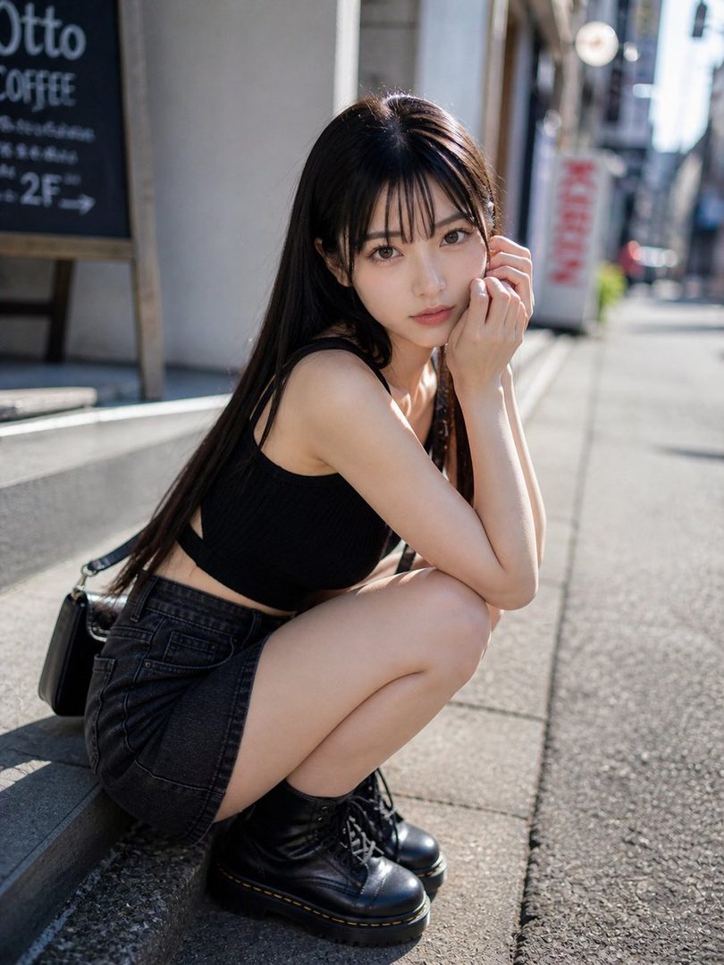 A young woman with long black hair and bangs crouches on a city street, wearing a black crop top and denim skirt.