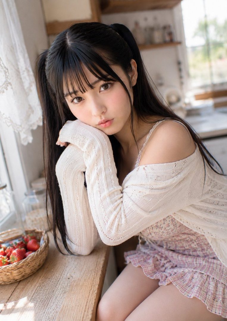 A cute AI-generated girl with black hair in pigtails and bangs, wearing a light-colored cardigan and a patterned dress, rests her head on her arm by a window.