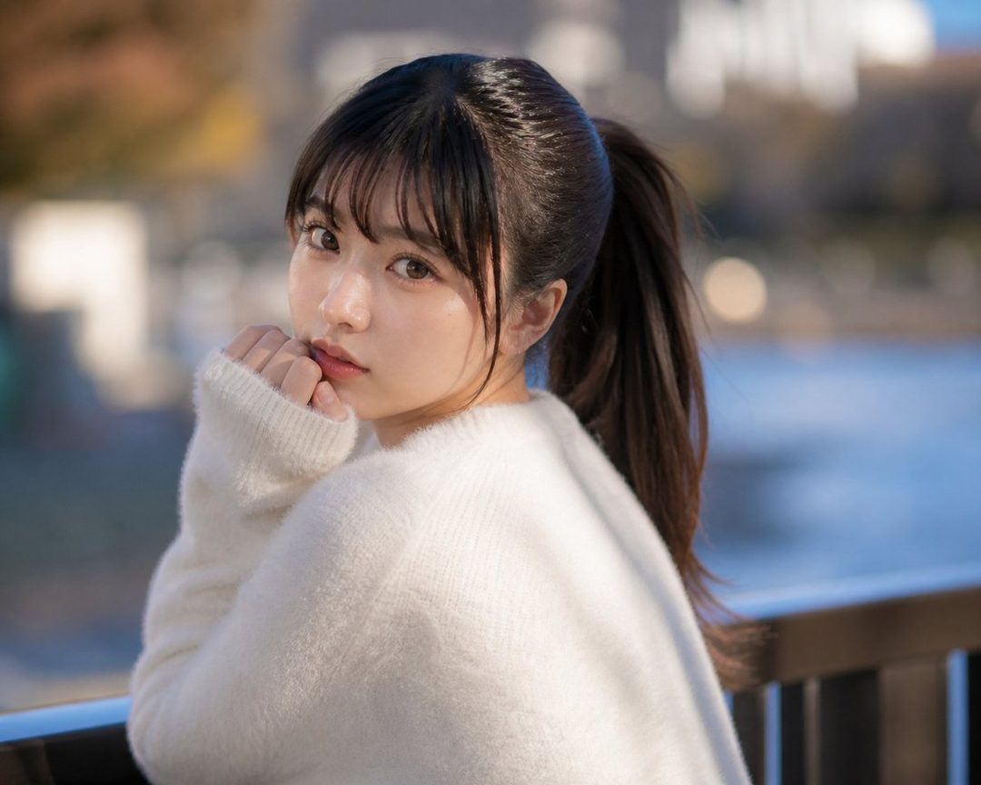 A young woman with dark hair tied in a ponytail and bangs, wearing a white sweater, looks over her shoulder outdoors.
