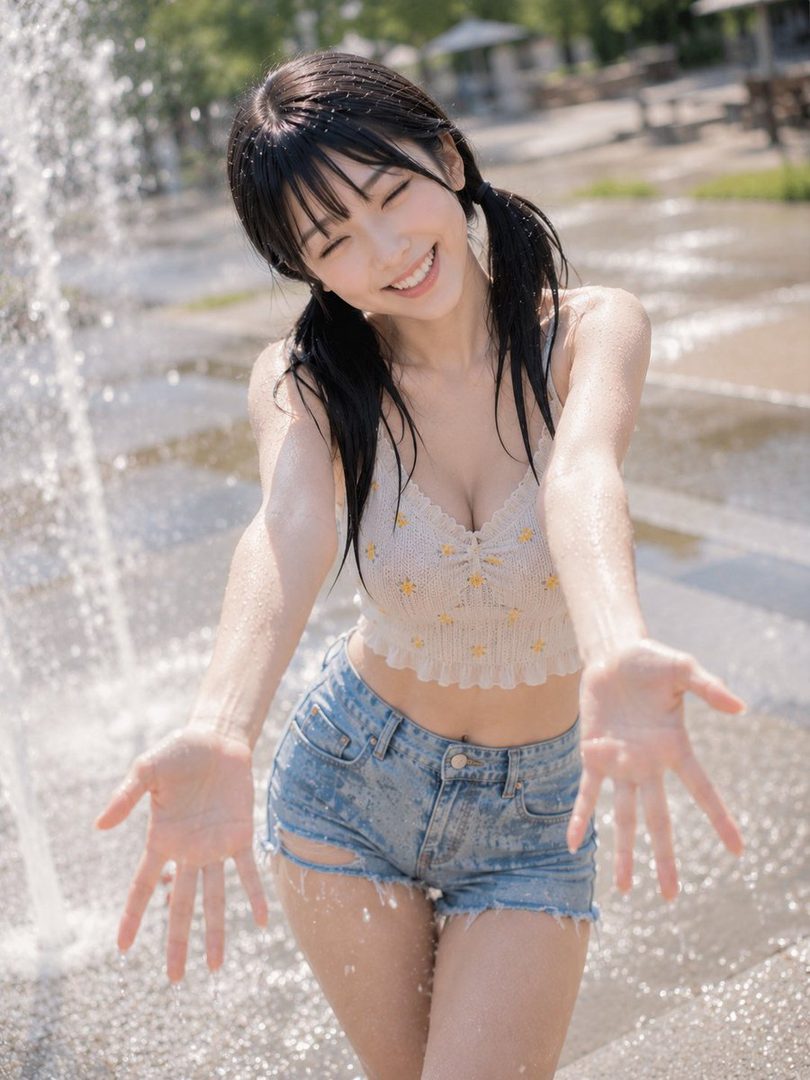 A smiling woman with black twintails and a white crop top plays in a water fountain on a sunny day.