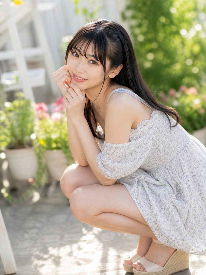 A young woman with long black hair and bangs, wearing a light floral dress, crouches outdoors in a garden setting.