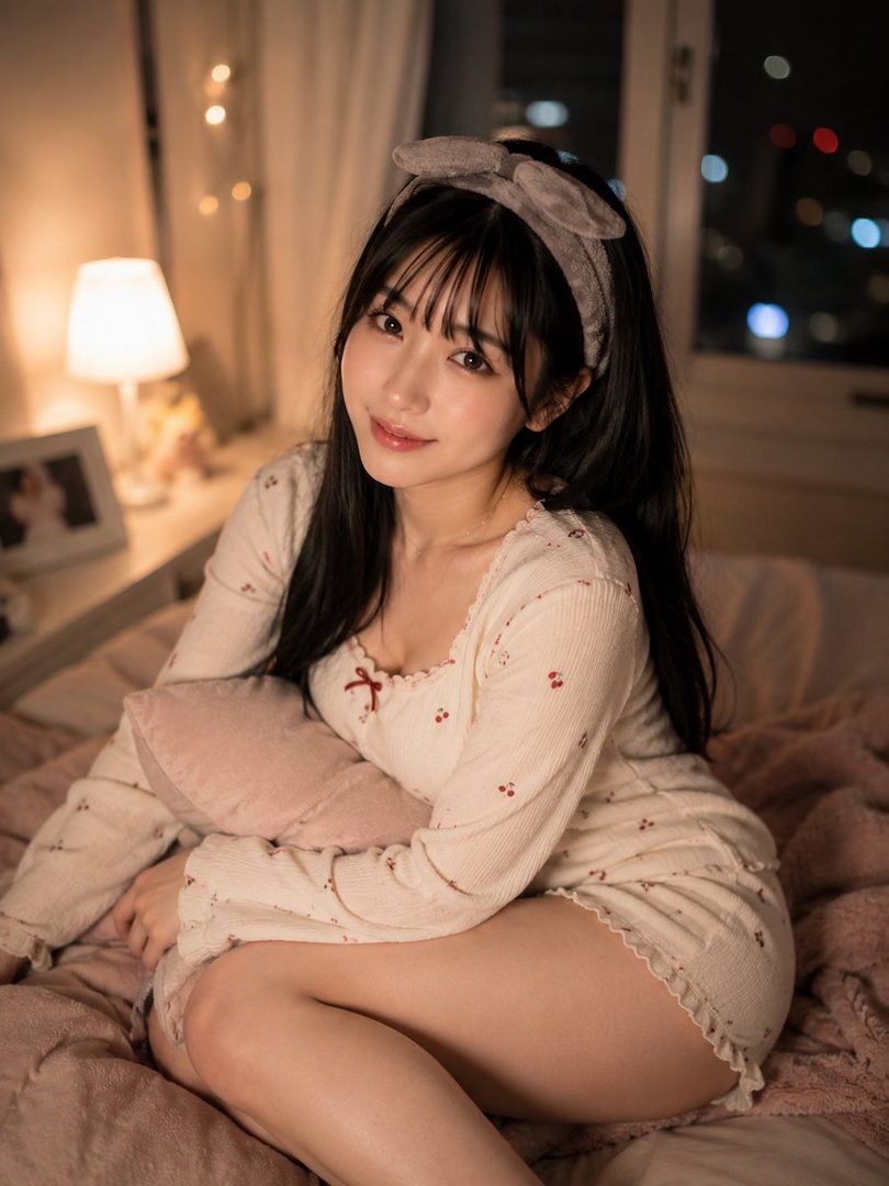 A young woman with long black hair and bangs, wearing a light-colored knit top and shorts, sits on a bed in a cozy bedroom at night.