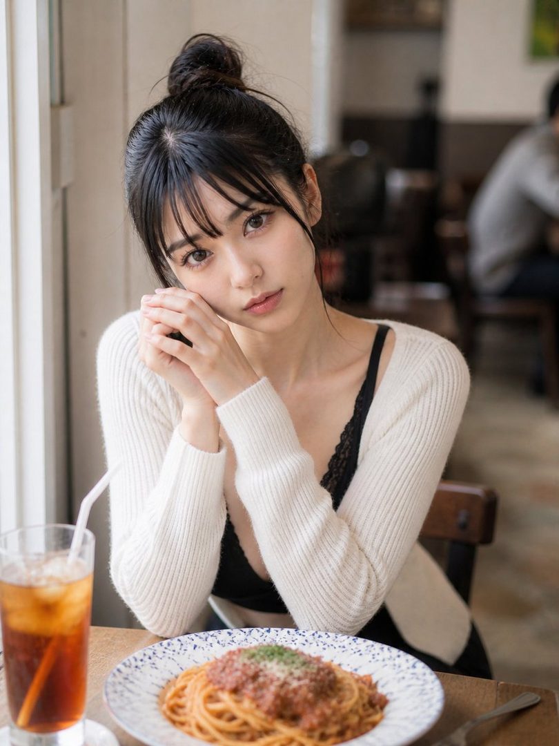 A photorealistic portrait of a young woman with black hair in a bun and bangs, wearing a white knit cardigan over a black top, sitting at a cafe table with a plate of spaghetti and a glass of iced tea.