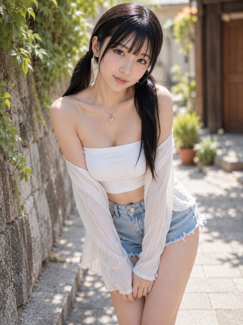 A young woman with black twintails and bangs, wearing a white tube top, sheer white cardigan, and denim shorts, poses outdoors.