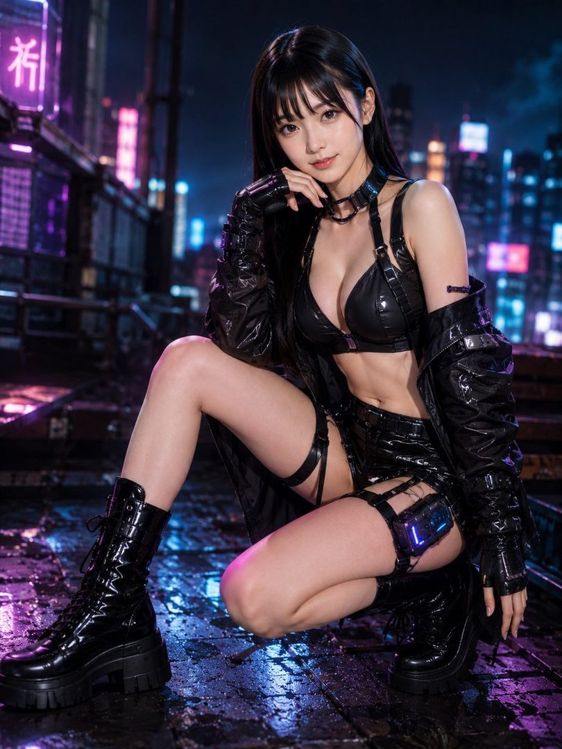 A woman with long black hair and bangs, wearing a black leather bra and jacket, squats in a cyberpunk city at night.