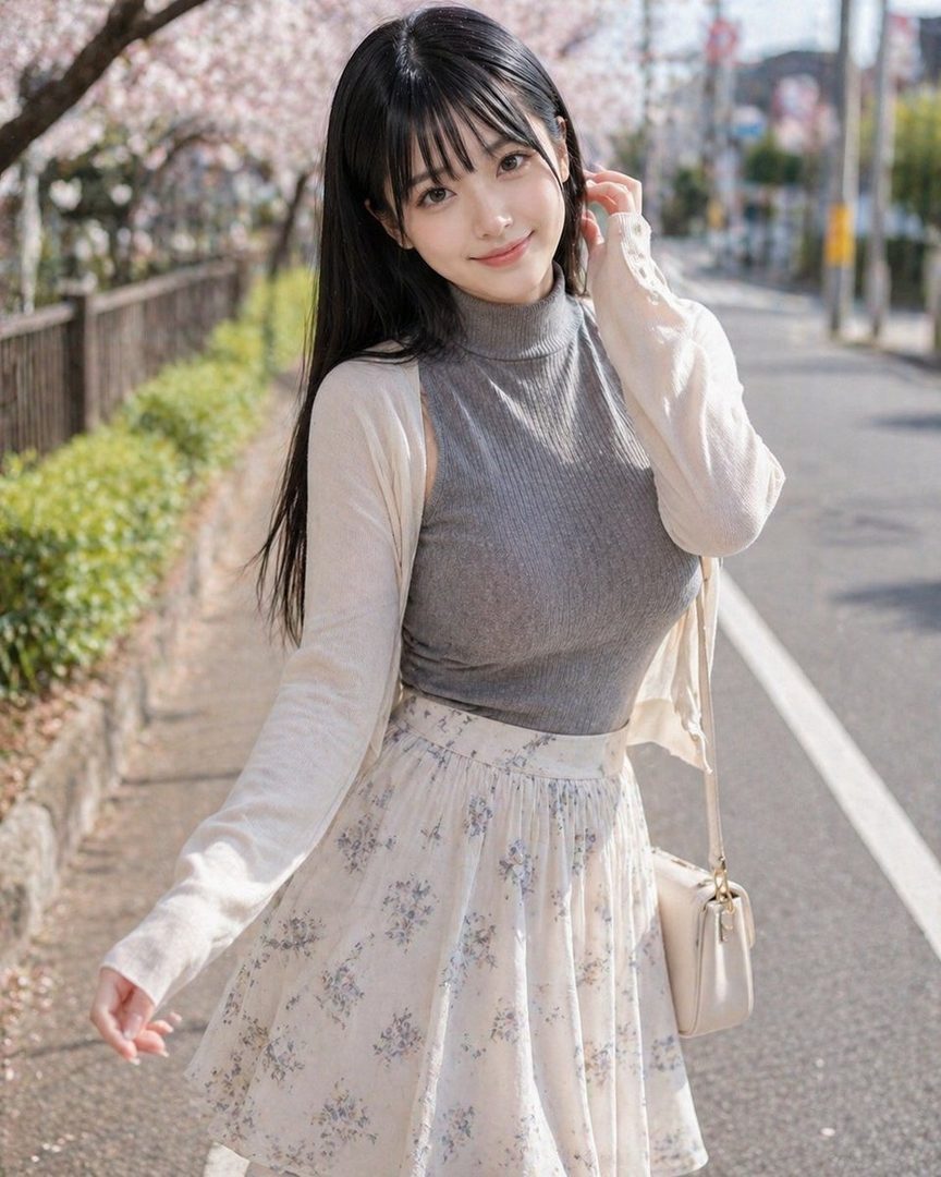 A young woman with long black hair and bangs smiles gently while standing on a street lined with cherry blossoms.