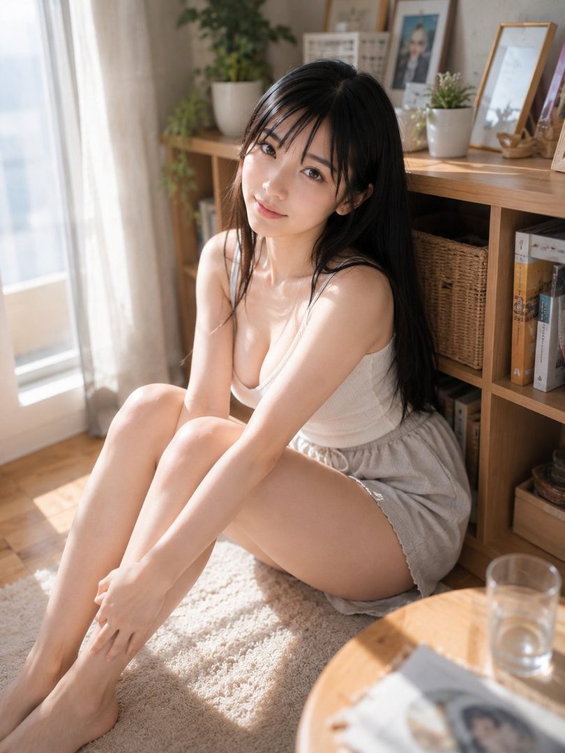 A beautiful woman with long black hair sits on a rug in a sunlit room, wearing a white tank top and shorts.