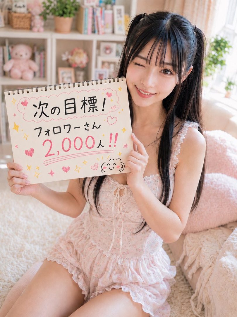 A cute AI-generated girl with black twintails and bangs, wearing a pink floral camisole and shorts, winks while holding a sign that says 'Next Goal: 2,000 Followers!' in a cozy indoor setting.
