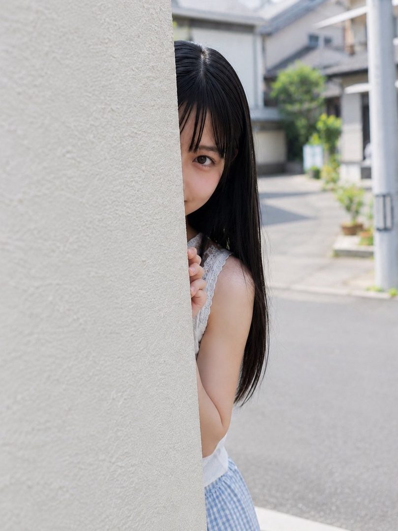 A young girl with long black hair and bangs peeks from behind a wall on a street.