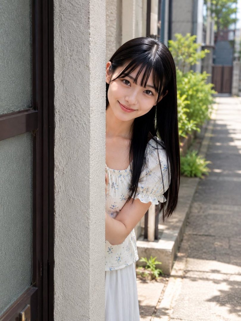 A young woman with long black hair and bangs peeks from behind a wall, smiling gently at the viewer.