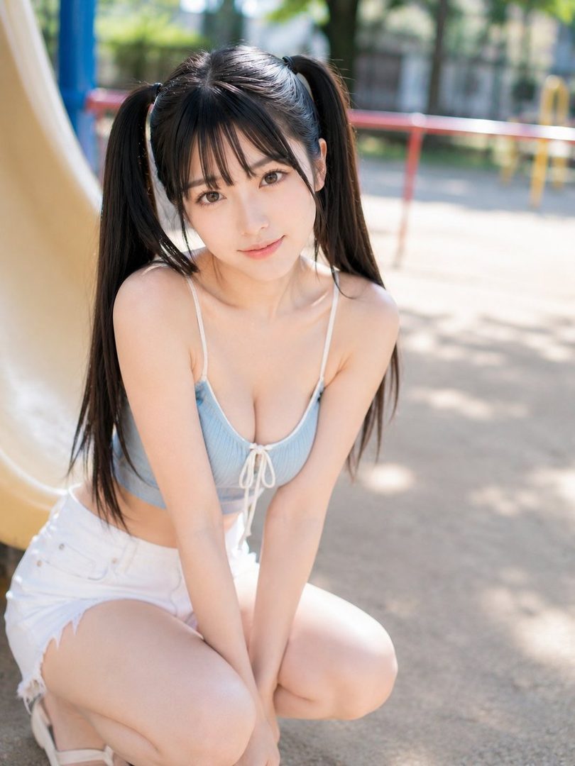A young woman with black twintails and bangs, wearing a light blue crop top and white shorts, crouches outdoors in a sunny park.