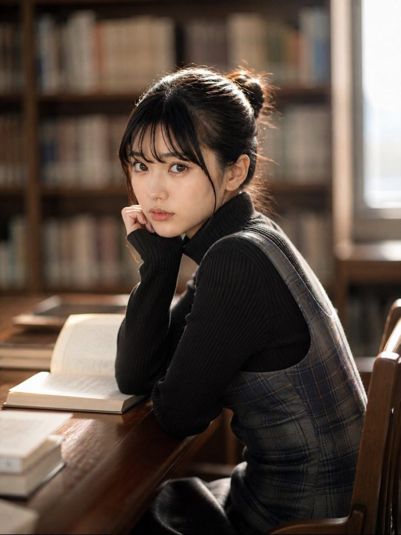 A young woman with black hair tied up, wearing a black turtleneck and a plaid overall dress, sits at a wooden desk in a library with books open.