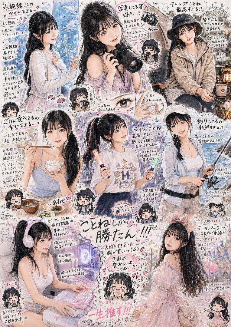 A collage of an anime-style girl named Kotone in various daily life scenes, including photography, camping, eating, gaming, and visiting a theme park.