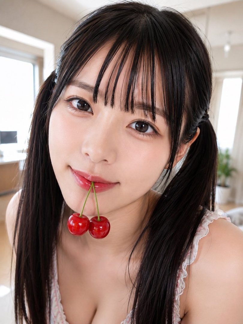 A cute AI-generated portrait of a young woman with black twintails and bangs, holding two cherries in her mouth.