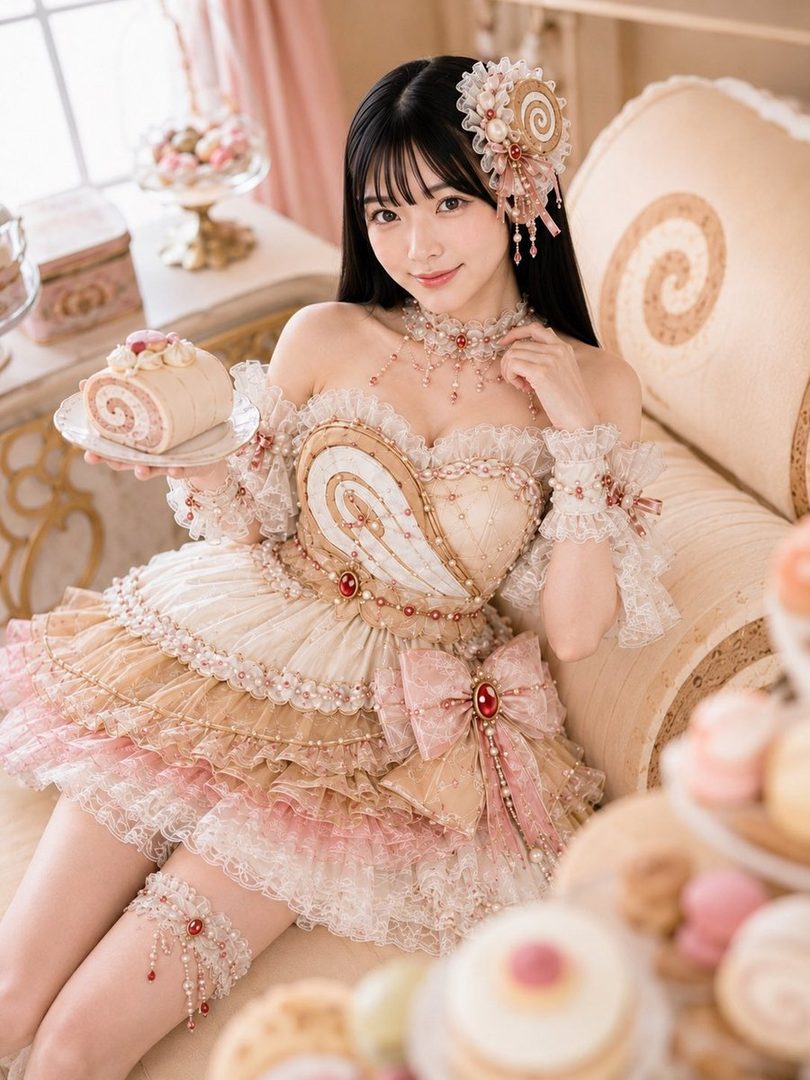 A cute woman with long black hair and bangs, wearing a frilly dress, holds a slice of roll cake while sitting indoors.