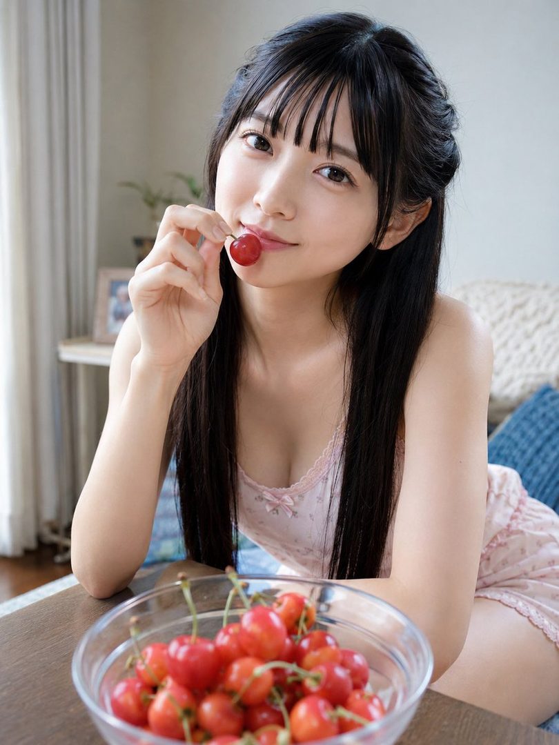 A young woman with long black hair and bangs holds a cherry to her lips, with a bowl of cherries in the foreground.