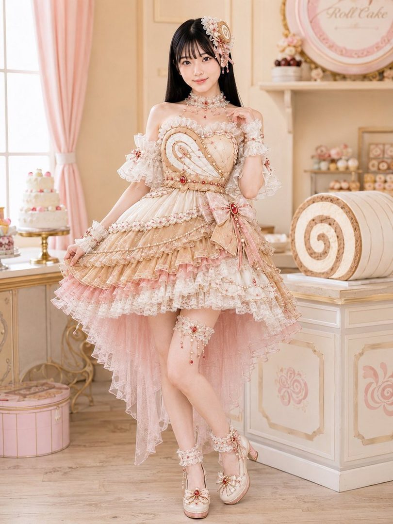 A young woman in a frilly, layered pink and cream dress with a high-low hem stands in a room decorated with cake-themed items.