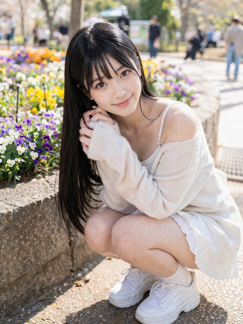 A cute AI-generated girl with long black hair and bangs, wearing a white sweater, squats outdoors among colorful flowers on a sunny day.